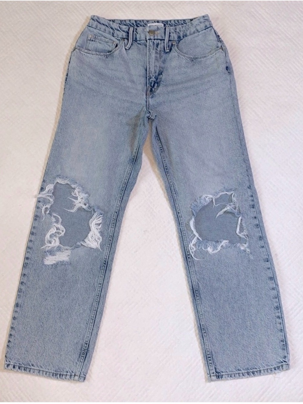 Good American Distressed High Rise Jeans, Light Wash Denim, Size 14/32